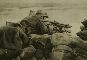 Belgian machine gunner in 1918 guarding trench